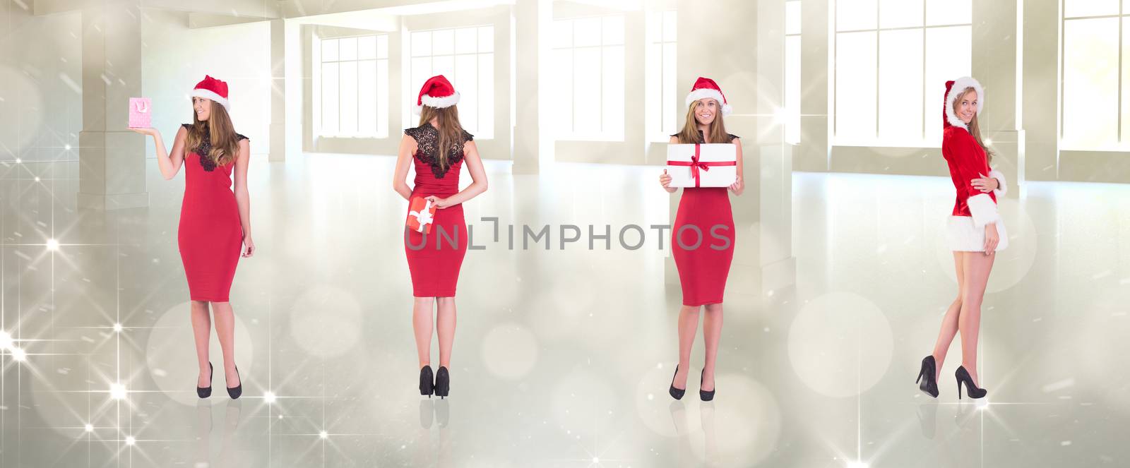 Composite image of different festive blondes against lights twinkling in modern room