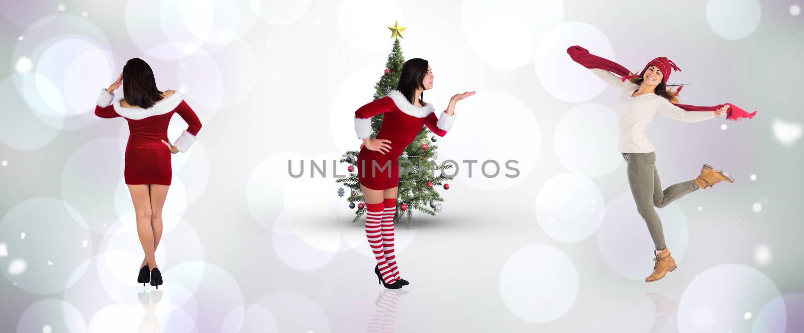 Composite image of different pretty girls in santa outfit against purple abstract light spot design