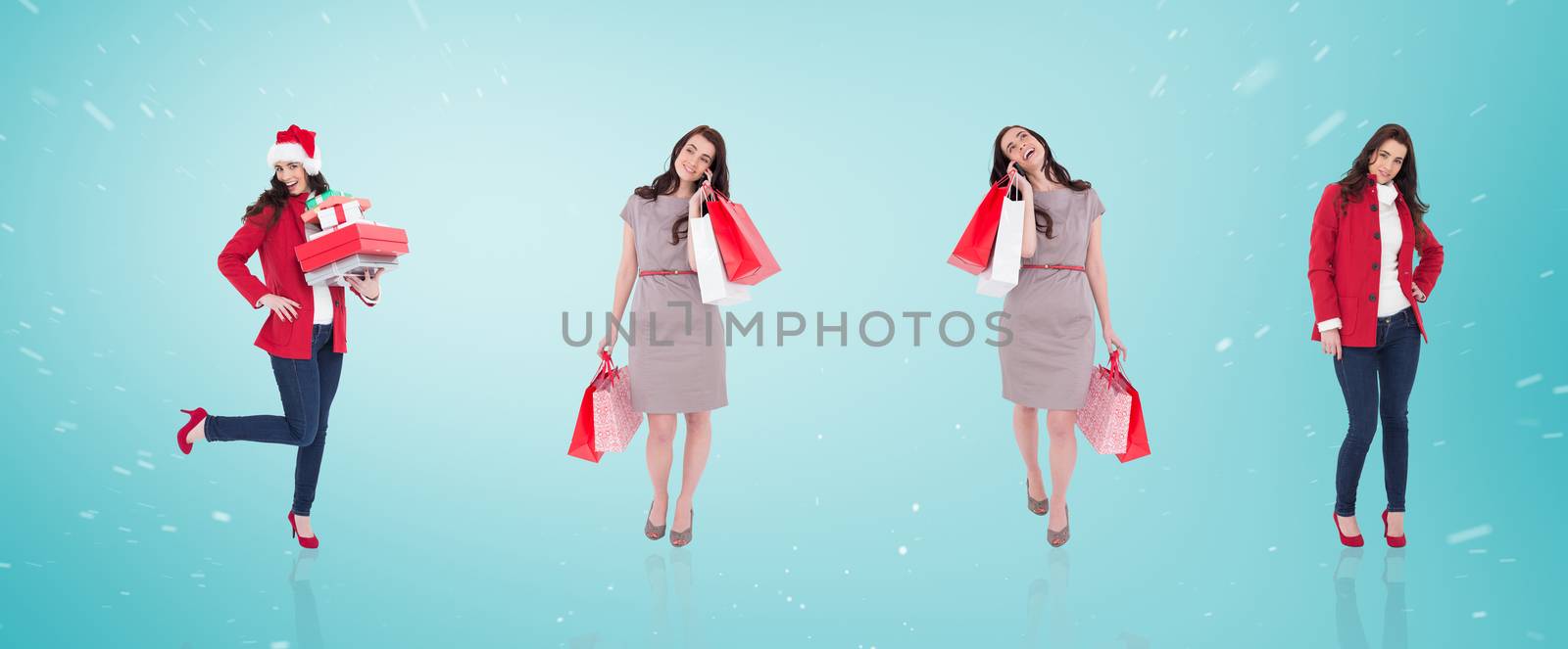 Composite image of different elegant brunettes against blue vignette