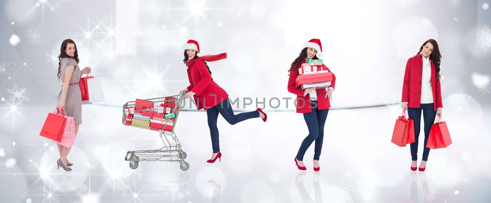 Composite image of different elegant brunettes against snowflakes in room