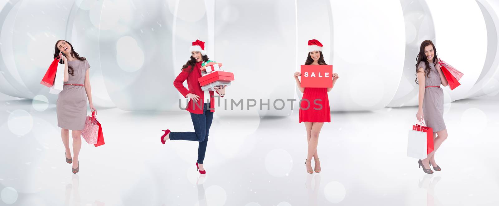 Composite image of different elegant brunettes against lights twinkling in modern room