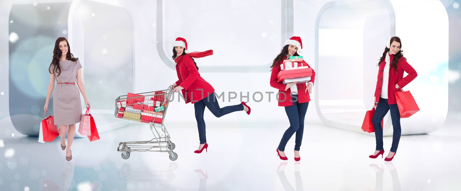 Composite image of different elegant brunettes against lights twinkling in modern room