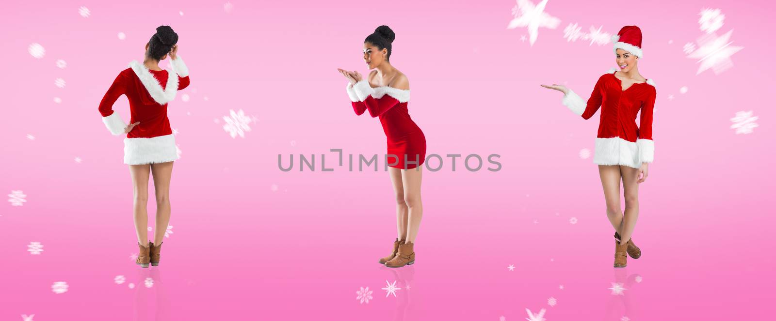 Composite image of different festive brunettes against pink vignette