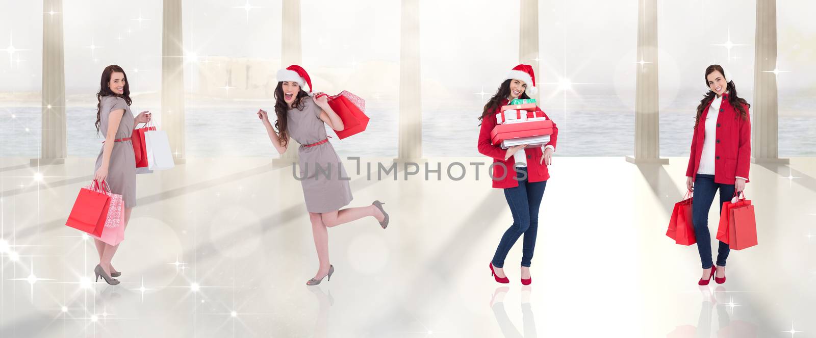 Composite image of different elegant brunettes against twinkling lights over balcony with columns