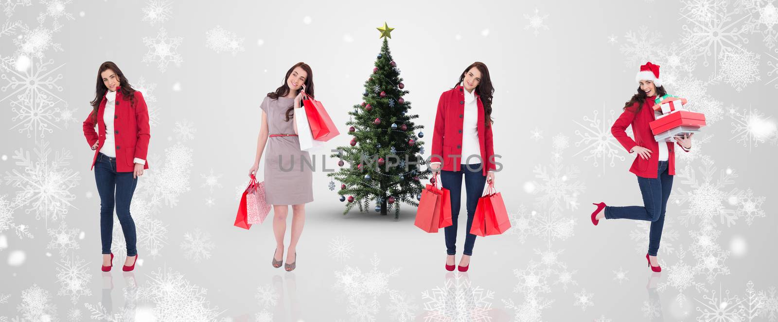 Composite image of different elegant brunettes against white snowflake design on grey