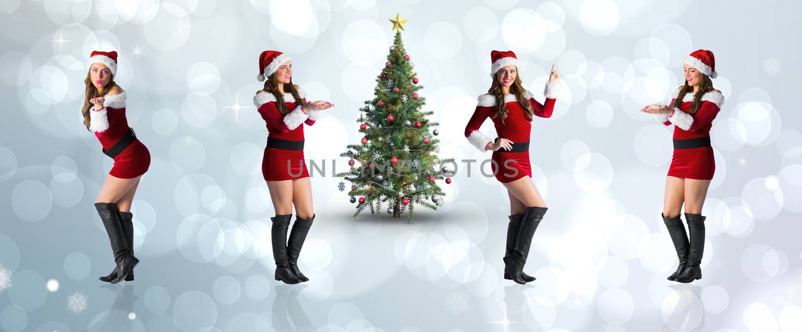 Composite image of different festive blondes against light glowing dots design pattern