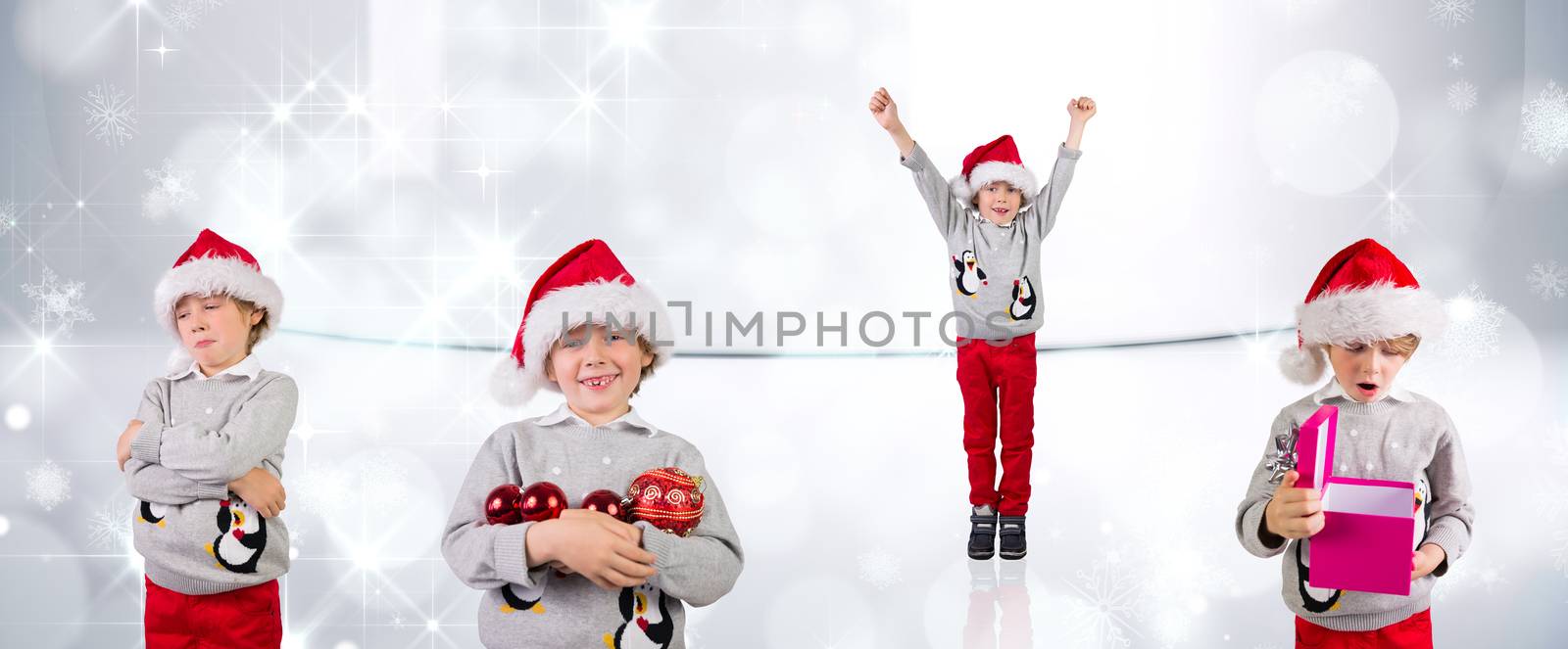 Composite image of different festive boys against snowflakes in room