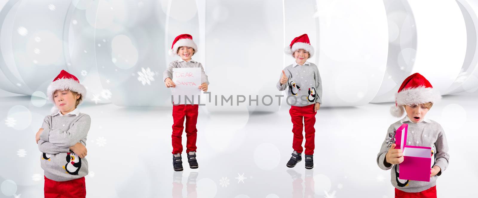Composite image of different festive boys against lights twinkling in modern room