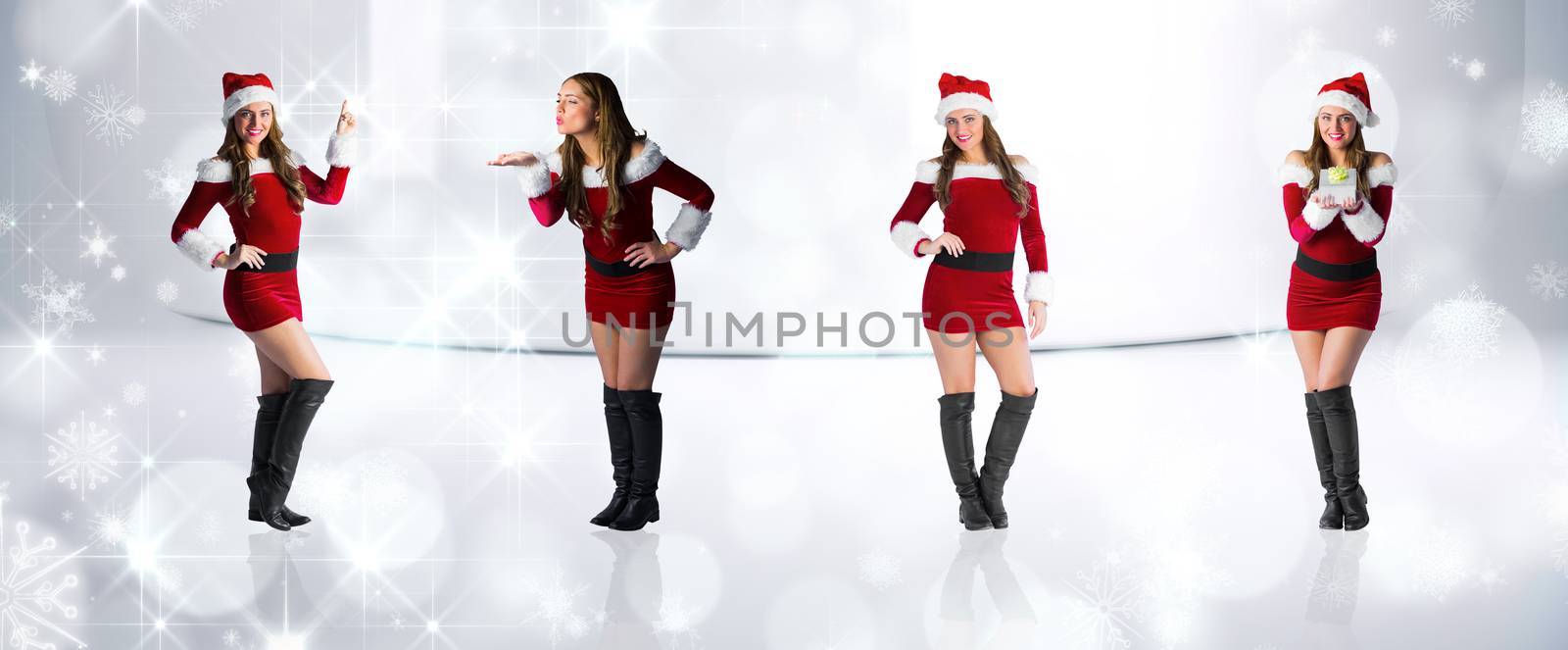 Composite image of different festive blondes against snowflakes in room