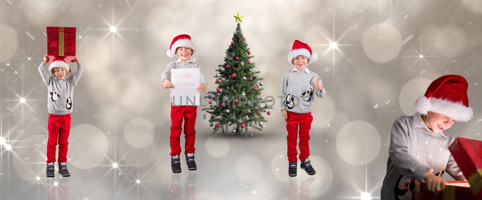 Composite image of different festive boys against shimmering light design on grey