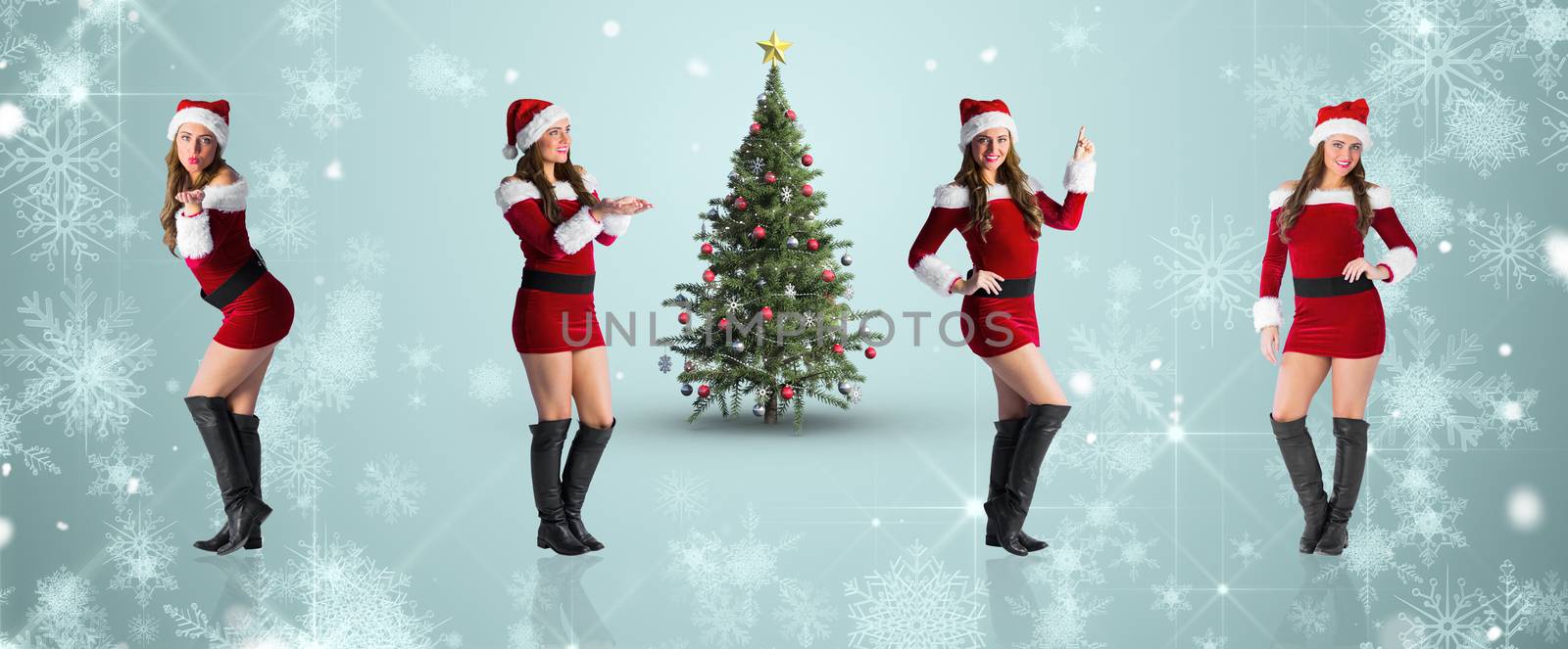 Composite image of different festive blondes against white snowflake design on blue