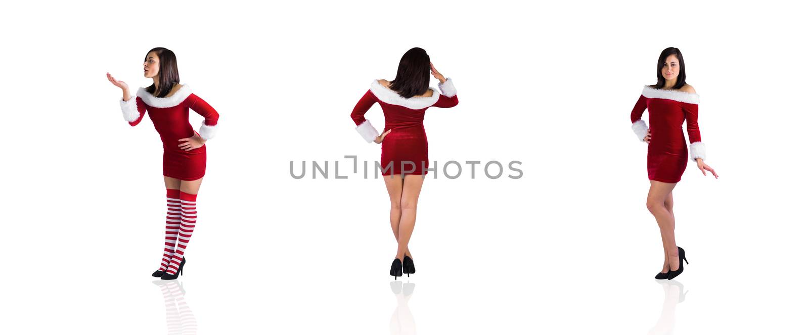 Composite image of different pretty girls in santa outfit on white background