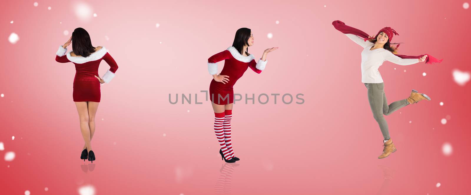 Composite image of different pretty girls in santa outfit against red vignette