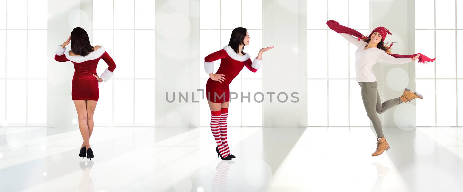 Composite image of different pretty girls in santa outfit against twinkling lights over room with windows