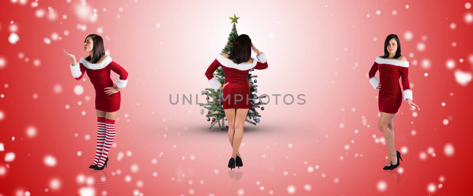 Composite image of different pretty girls in santa outfit against white light dots on red