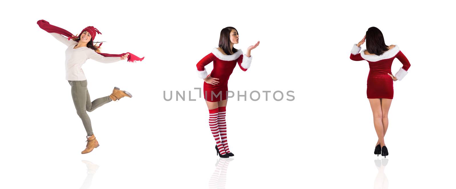 Composite image of different pretty girls in santa outfit on white background