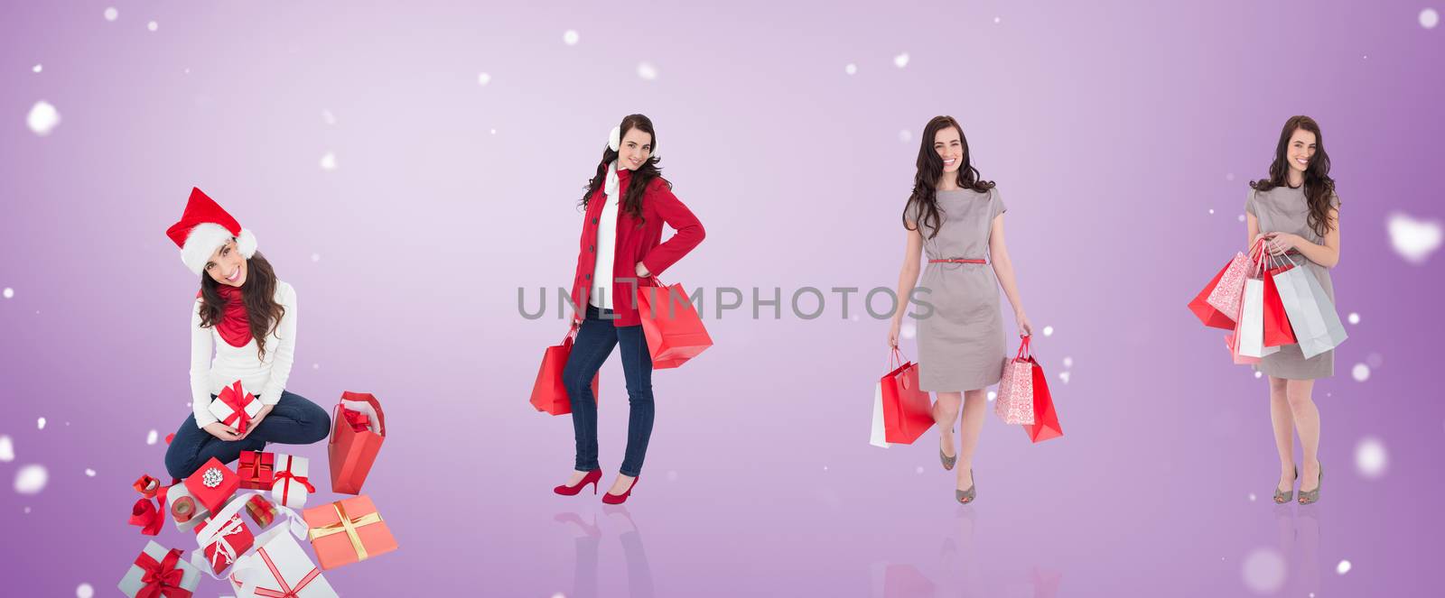 Composite image of different elegant brunettes against purple vignette