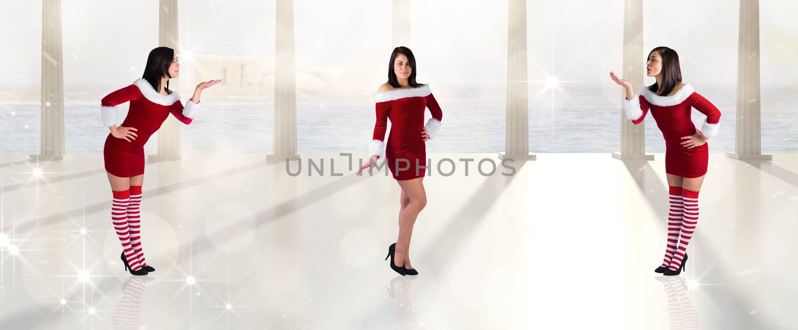 Composite image of different pretty girls in santa outfit against twinkling lights over balcony with columns