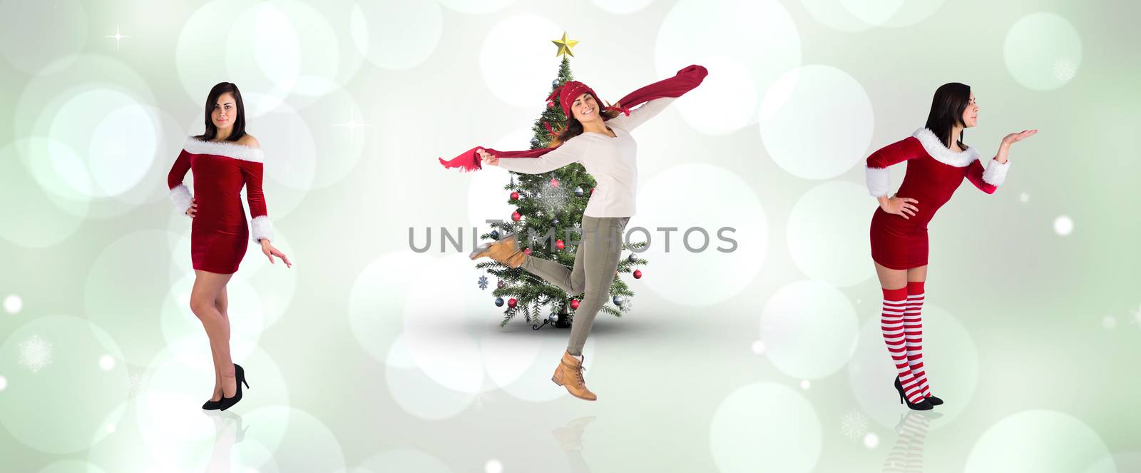 Composite image of different pretty girls in santa outfit against grey abstract light spot design
