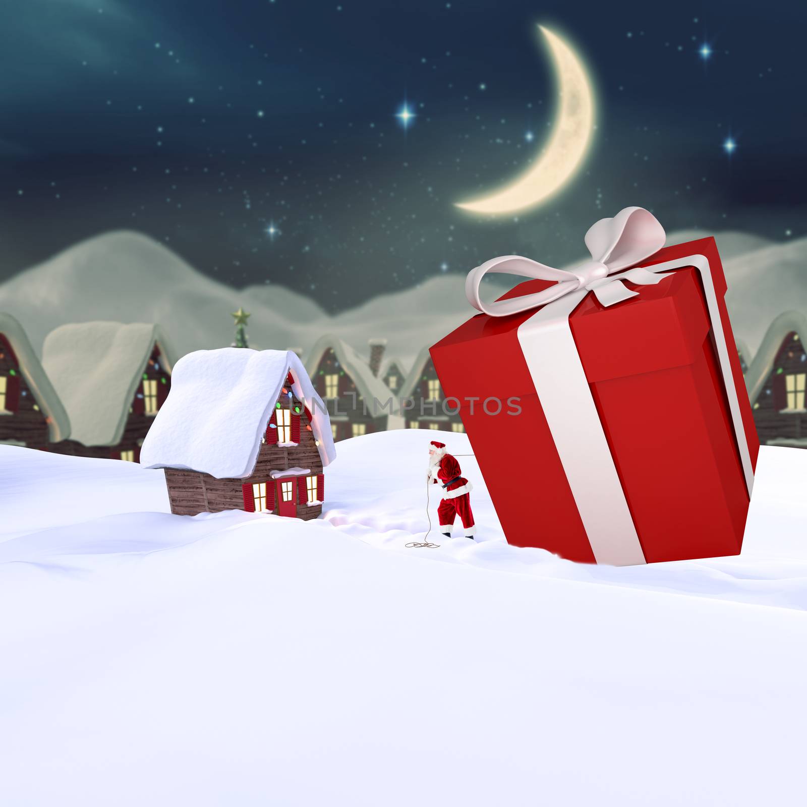 Santa delivering large gift against cute christmas village at night