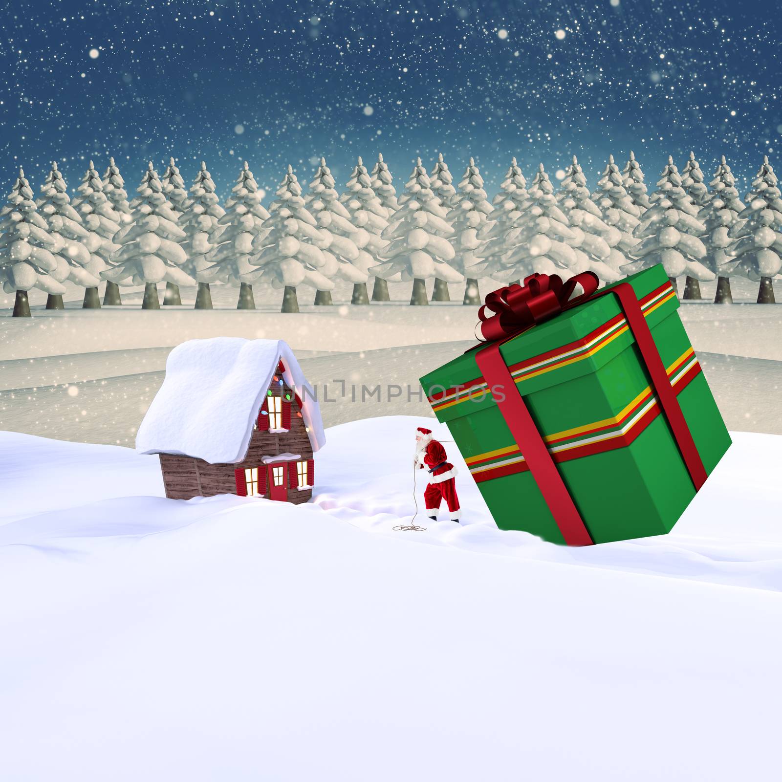 Santa delivering large gift against snowy landscape with fir trees