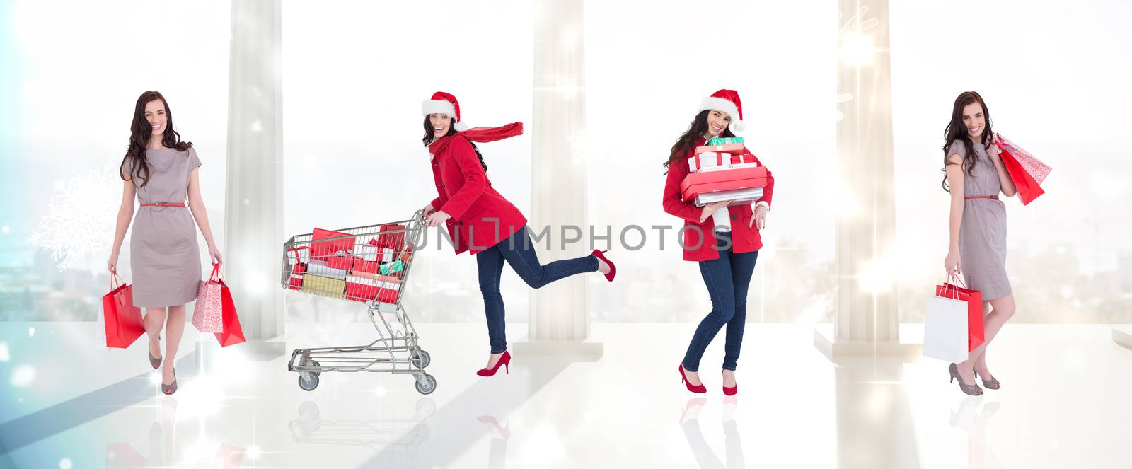 Composite image of different elegant brunettes against twinkling lights over balcony with columns