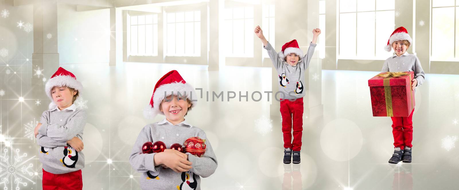 Composite image of different festive boys against lights twinkling in modern room