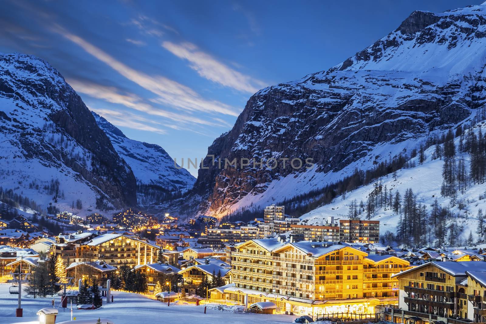 Evening landscape and ski resort in French Alps, Val d'Isere, France 