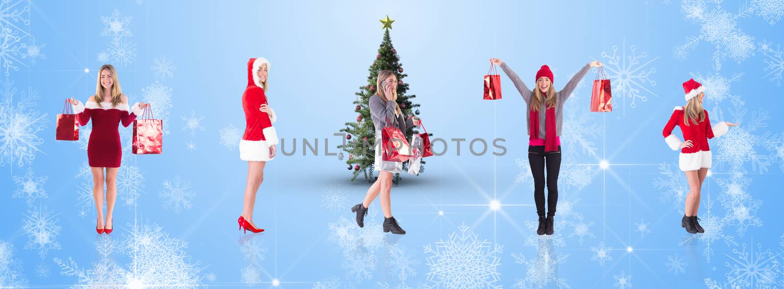 Composite image of pretty santa girl presenting with hand by Wavebreakmedia