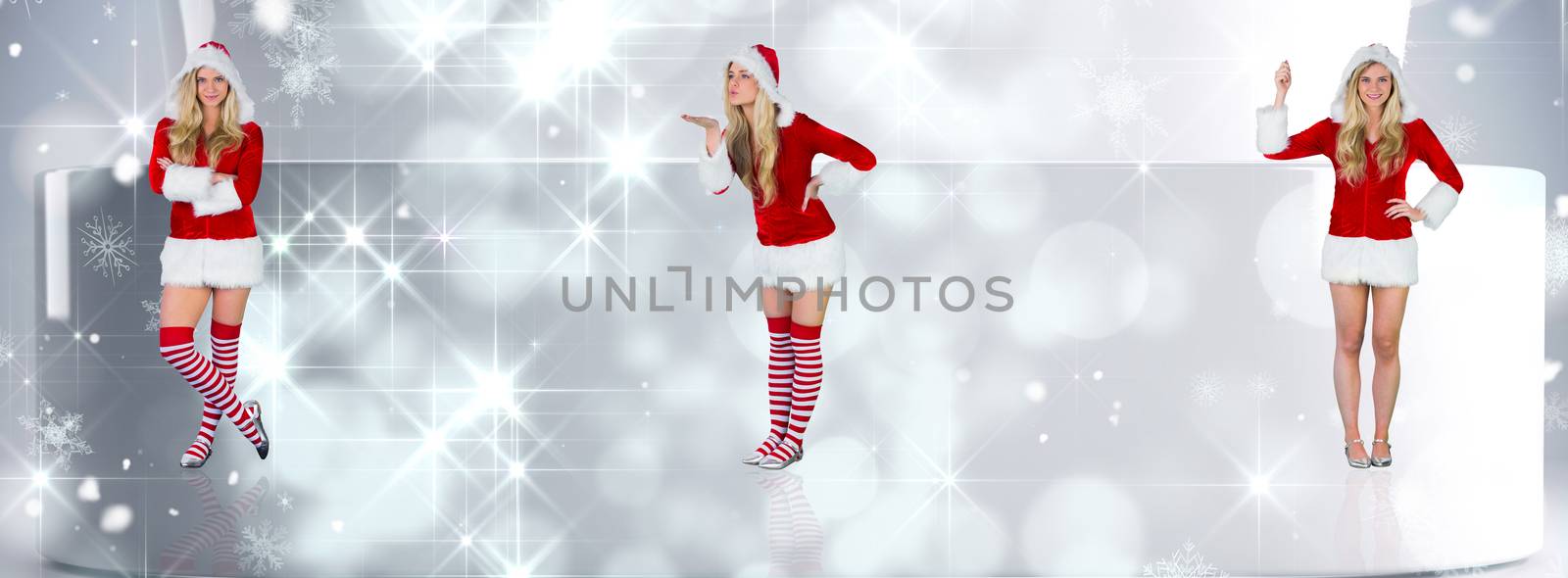 Pretty girl in santa outfit with arms crossed against lights twinkling in modern room