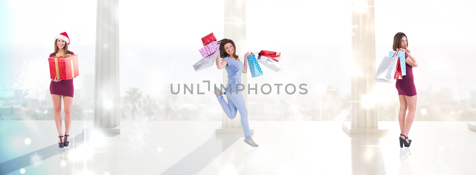 Composite image of pretty woman holding shopping bags with finger to her lips by Wavebreakmedia