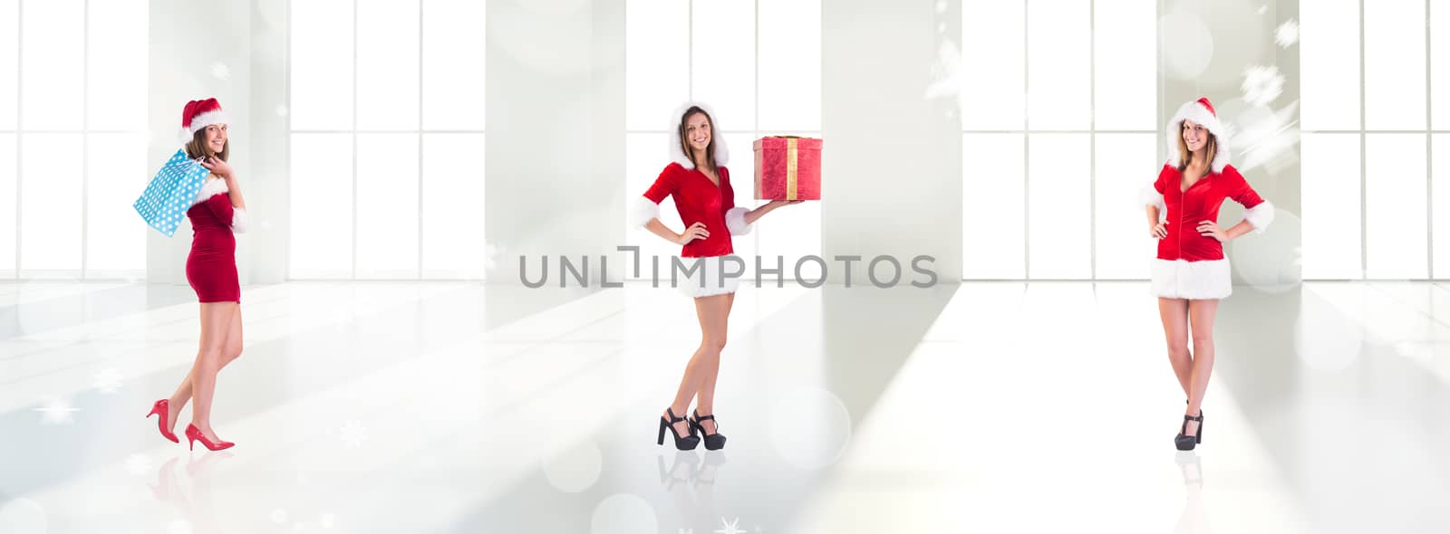 Santa girl standing with hands on hips against twinkling lights over room with windows