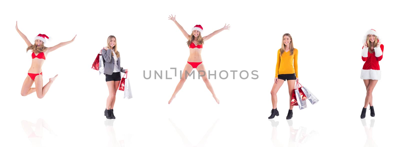 Composite image of festive fit blonde in red bikini