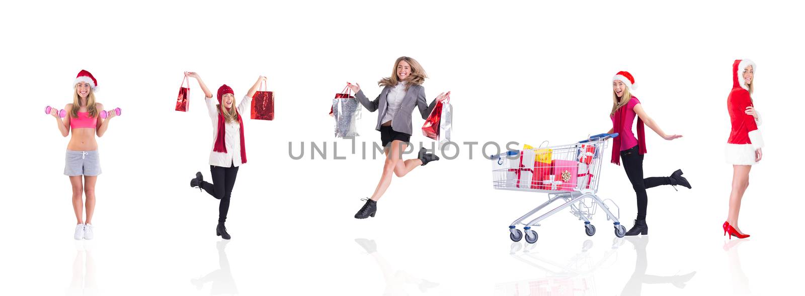 Composite image of festive fit blonde holding dumbbells