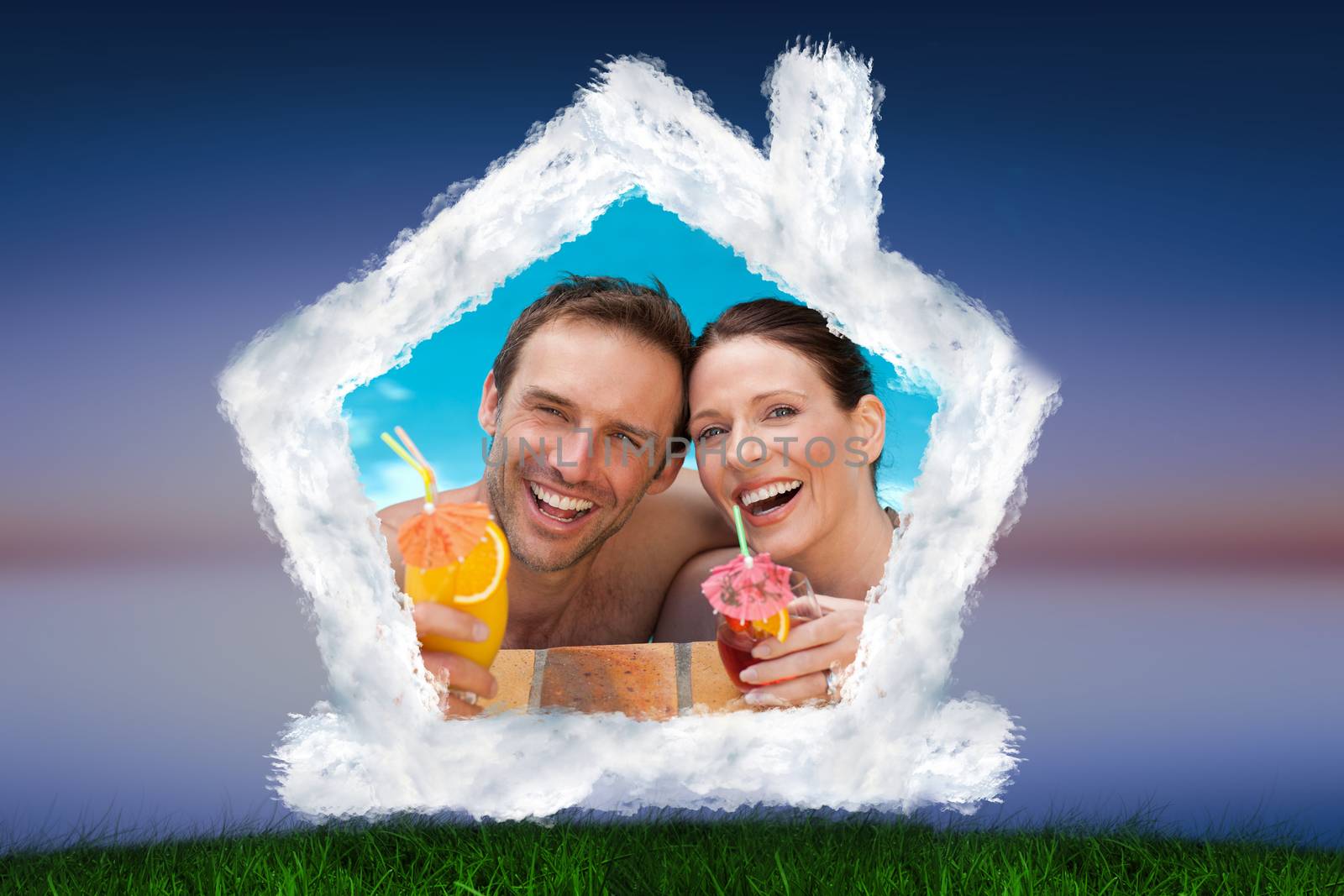 Beautiful couple drinking cocktails in the swimming pool against green grass under blue and purple sky