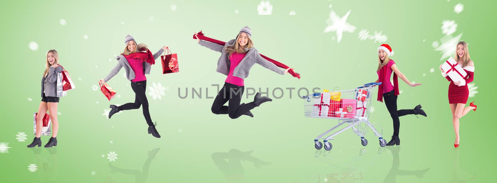 Stylish blonde holding shopping bags against green vignette