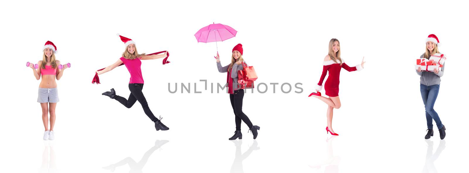 Composite image of festive fit blonde holding dumbbells