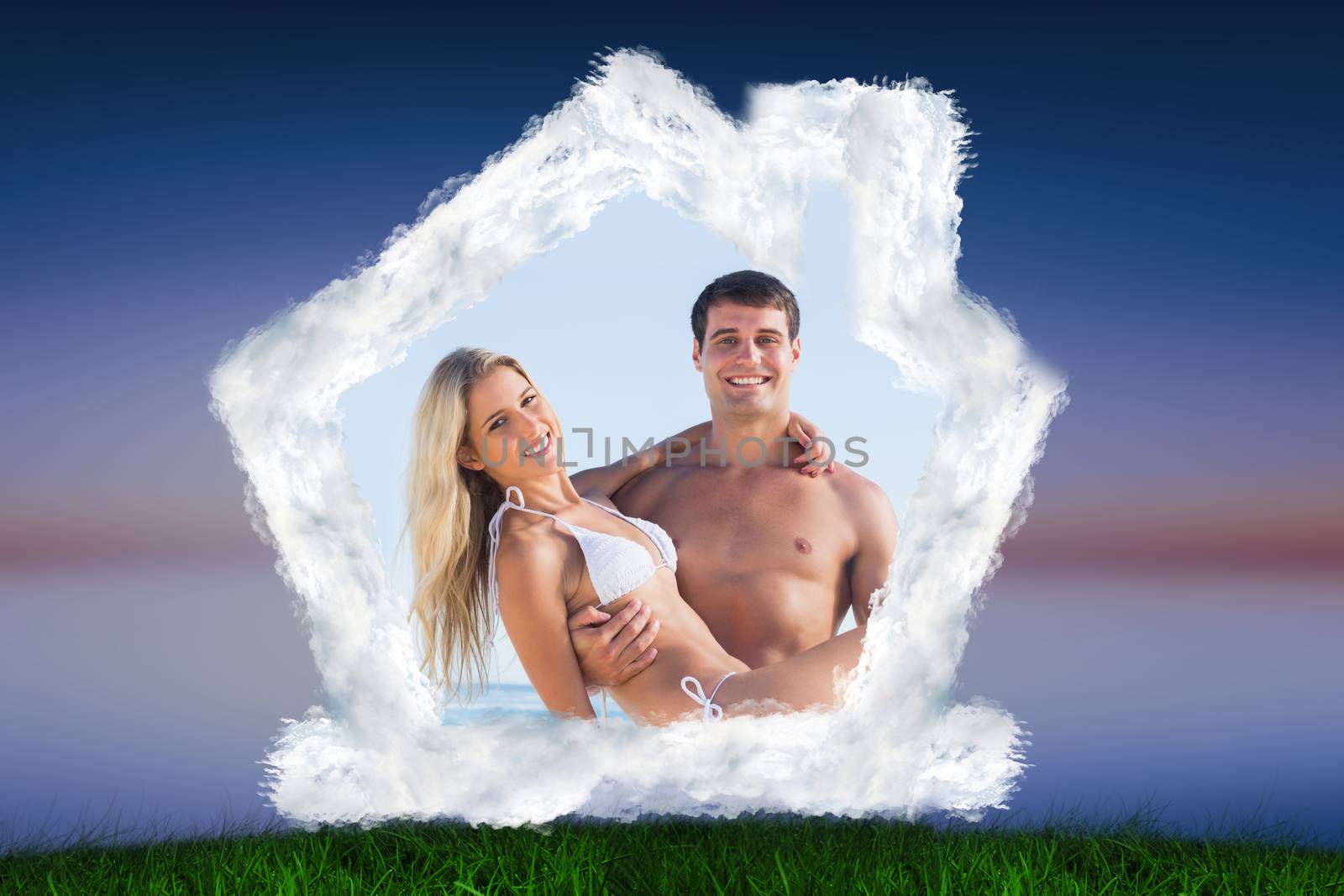 Man carrying his pretty girlfriend smiling at camera against green grass under blue and purple sky