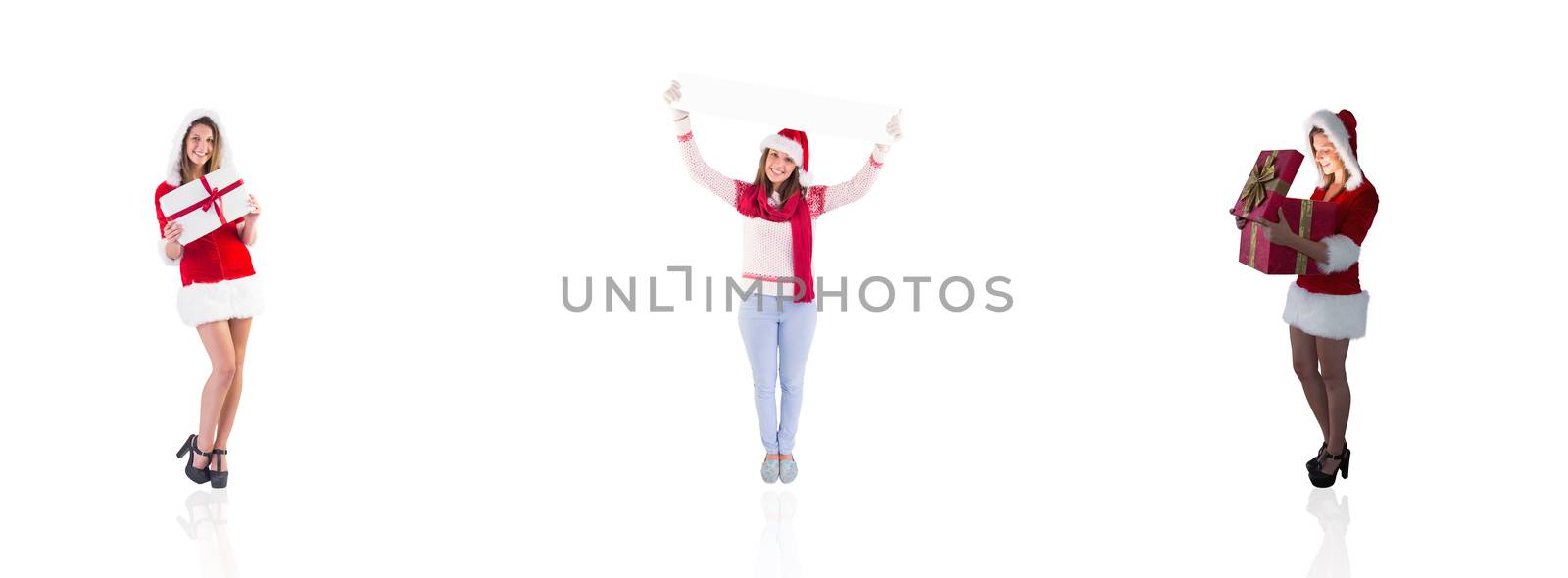 Composite image of santa girl opening gift