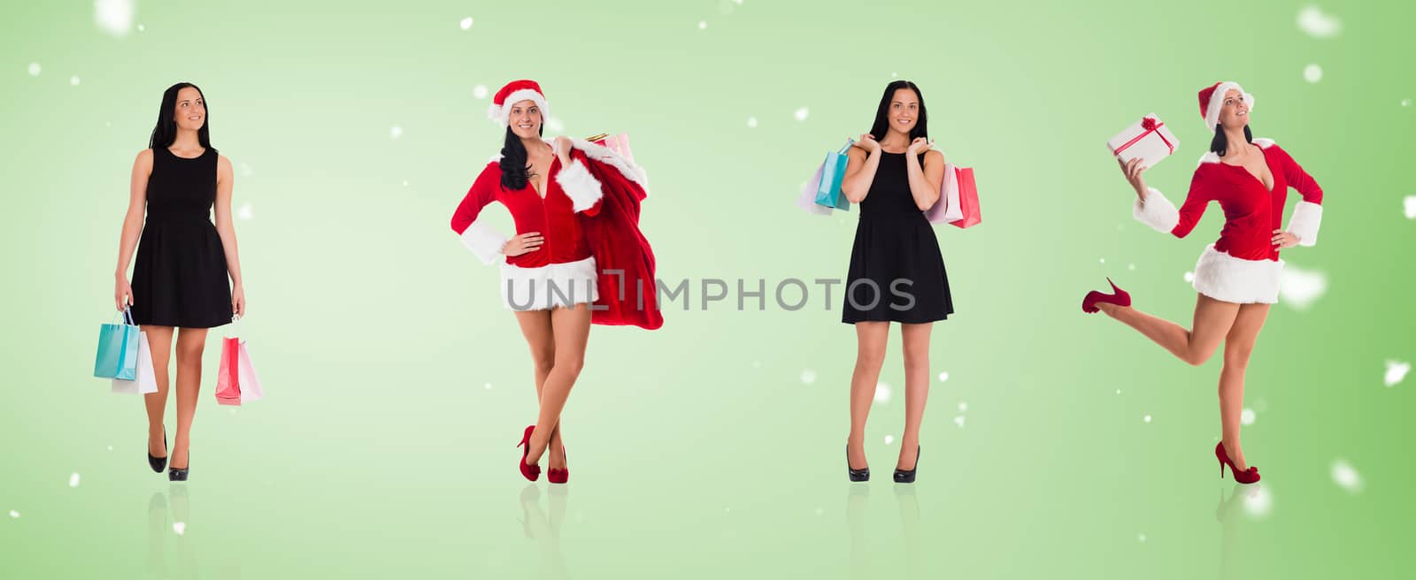 Woman walking with shopping bags against green vignette