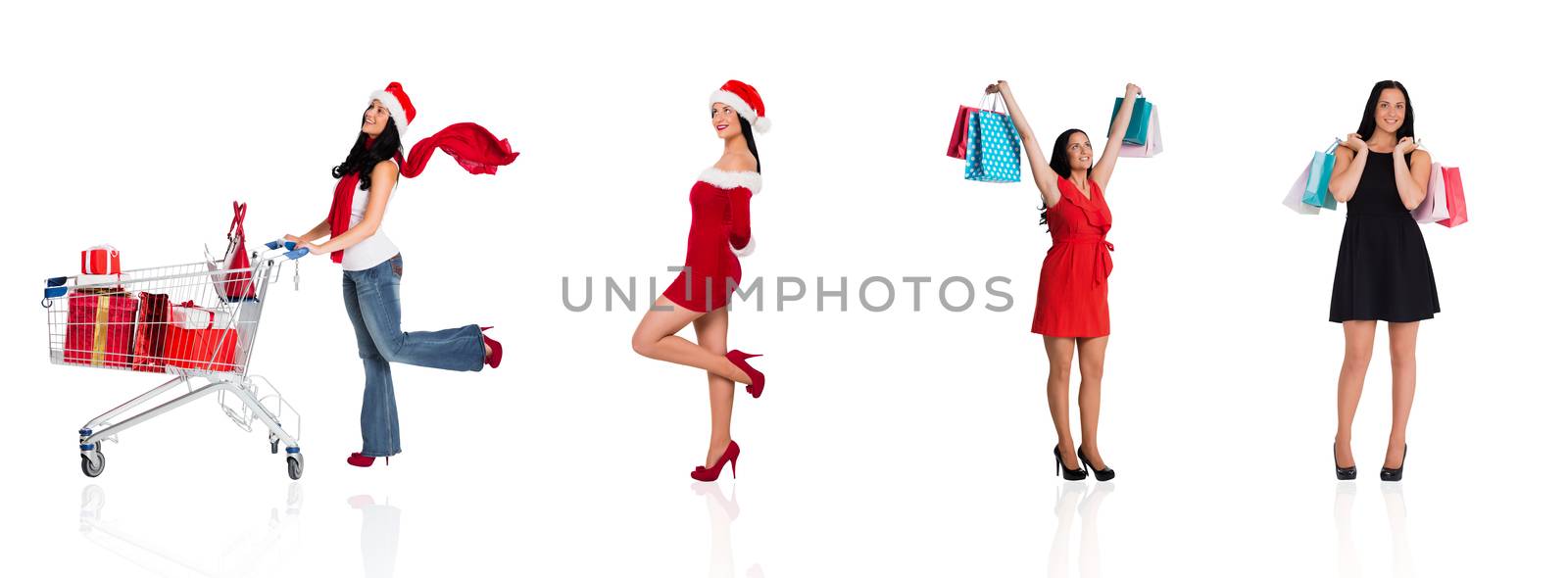 Composite image of woman walking with shopping bags