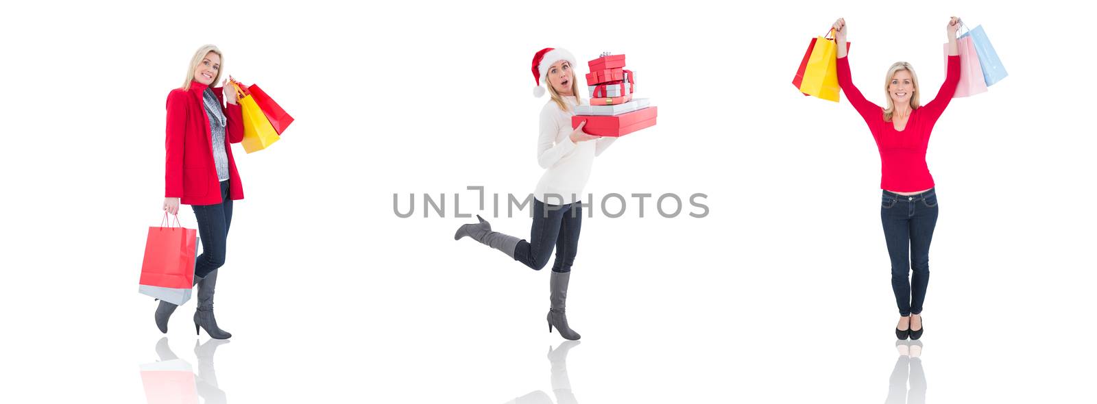 Composite image of happy blonde holding shopping bags