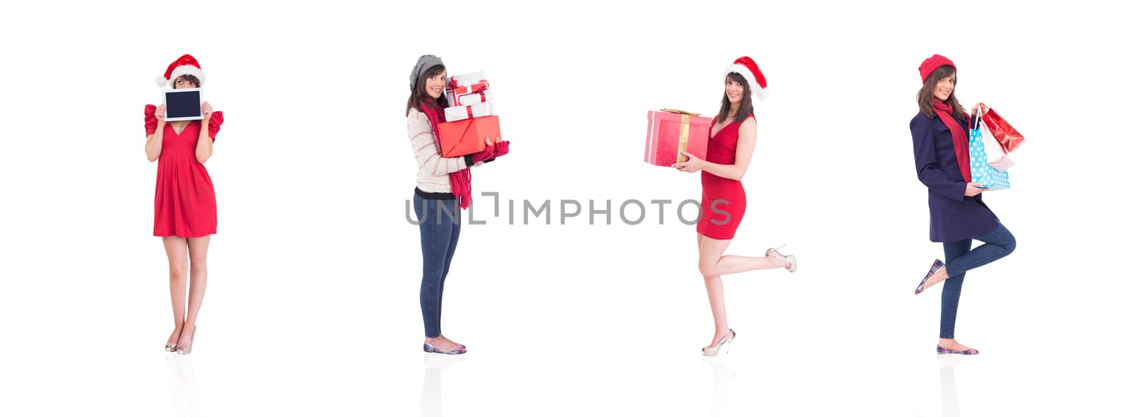 Composite image of happy brunette in winter clothes holding shopping bags by Wavebreakmedia