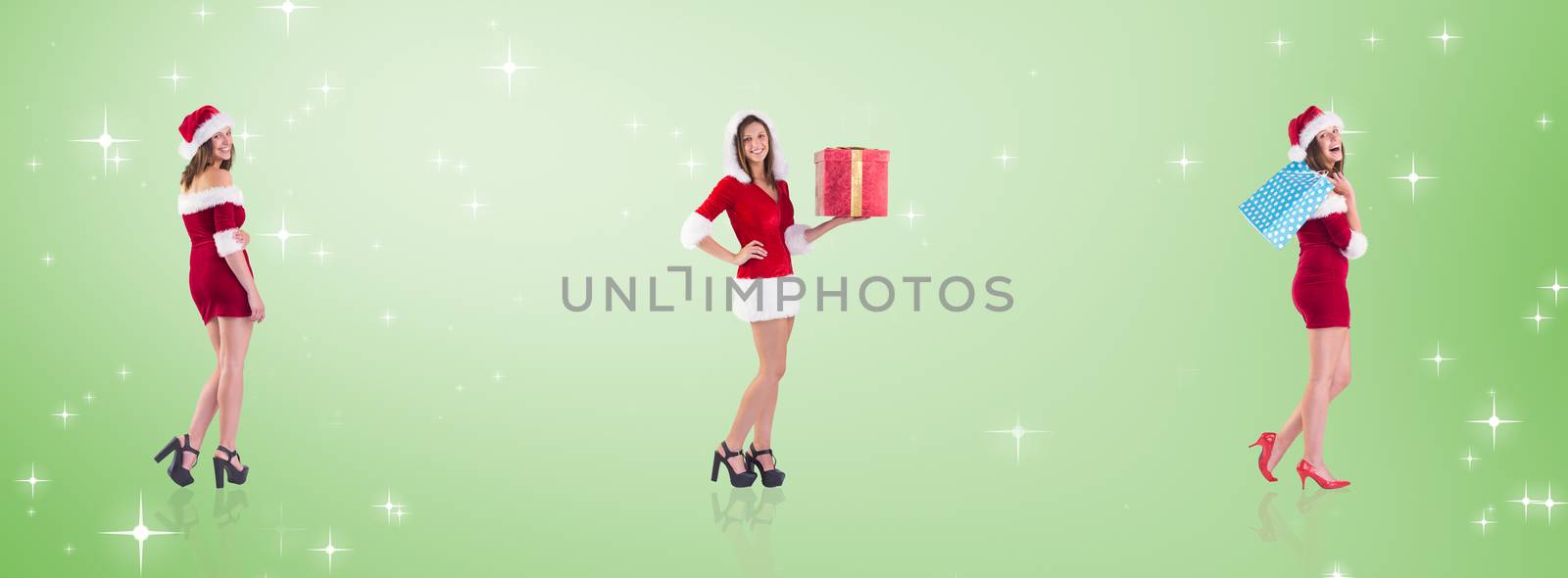 Festive brunette holding shopping bags against green vignette