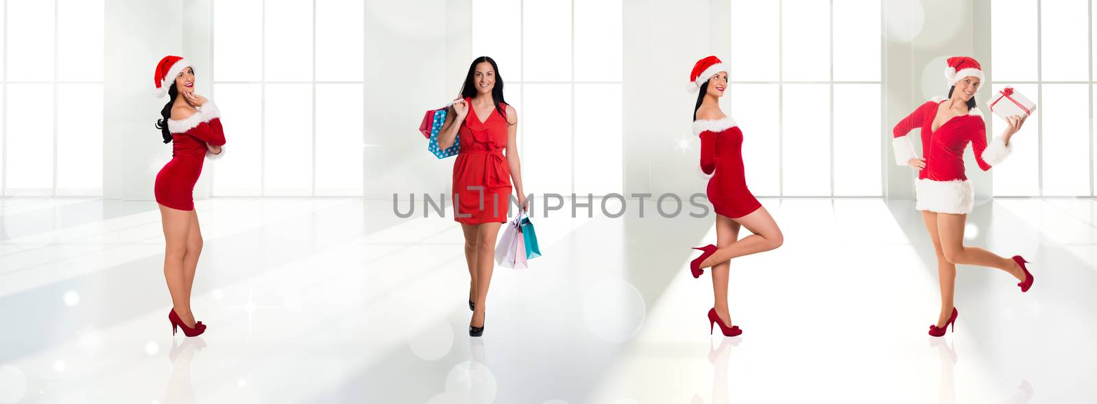 Woman standing with shopping bags against twinkling lights over room with windows