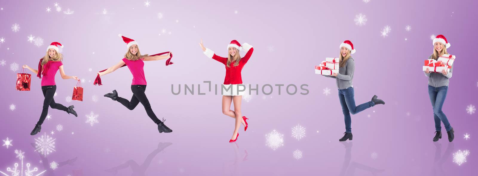 Festive blonde carrying gift bags against purple vignette