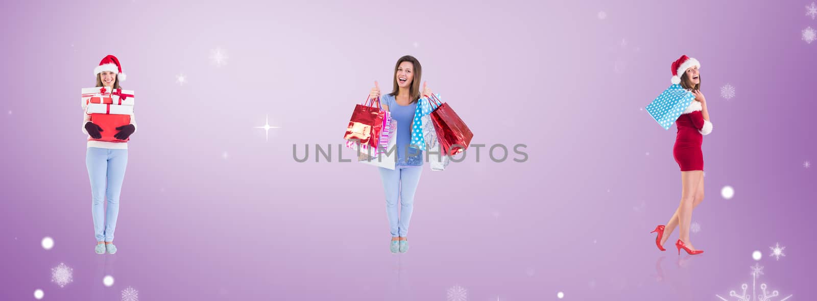 Festive brunette holding shopping bags against purple vignette