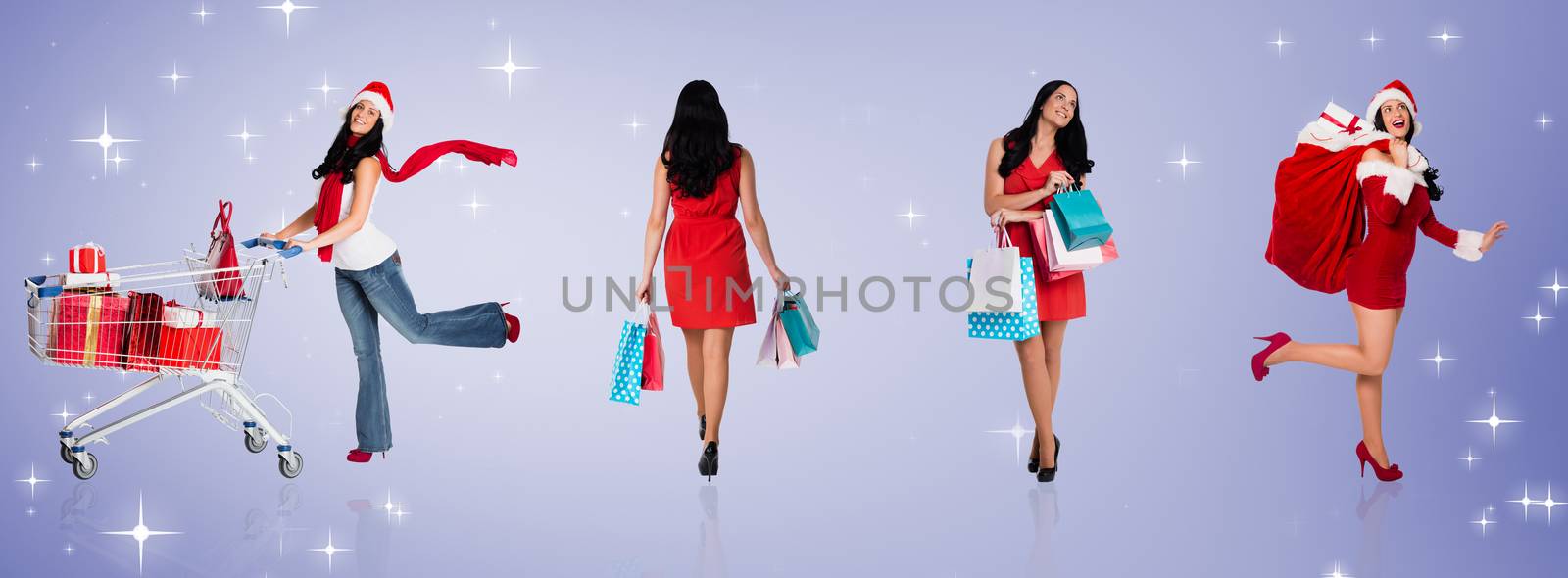 Woman standing with shopping bags against purple vignette