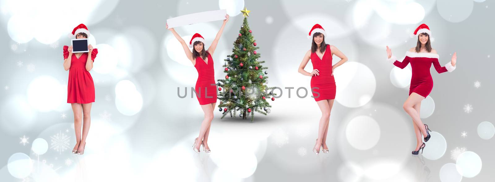 Stylish brunette in red dress against white glowing dots on grey