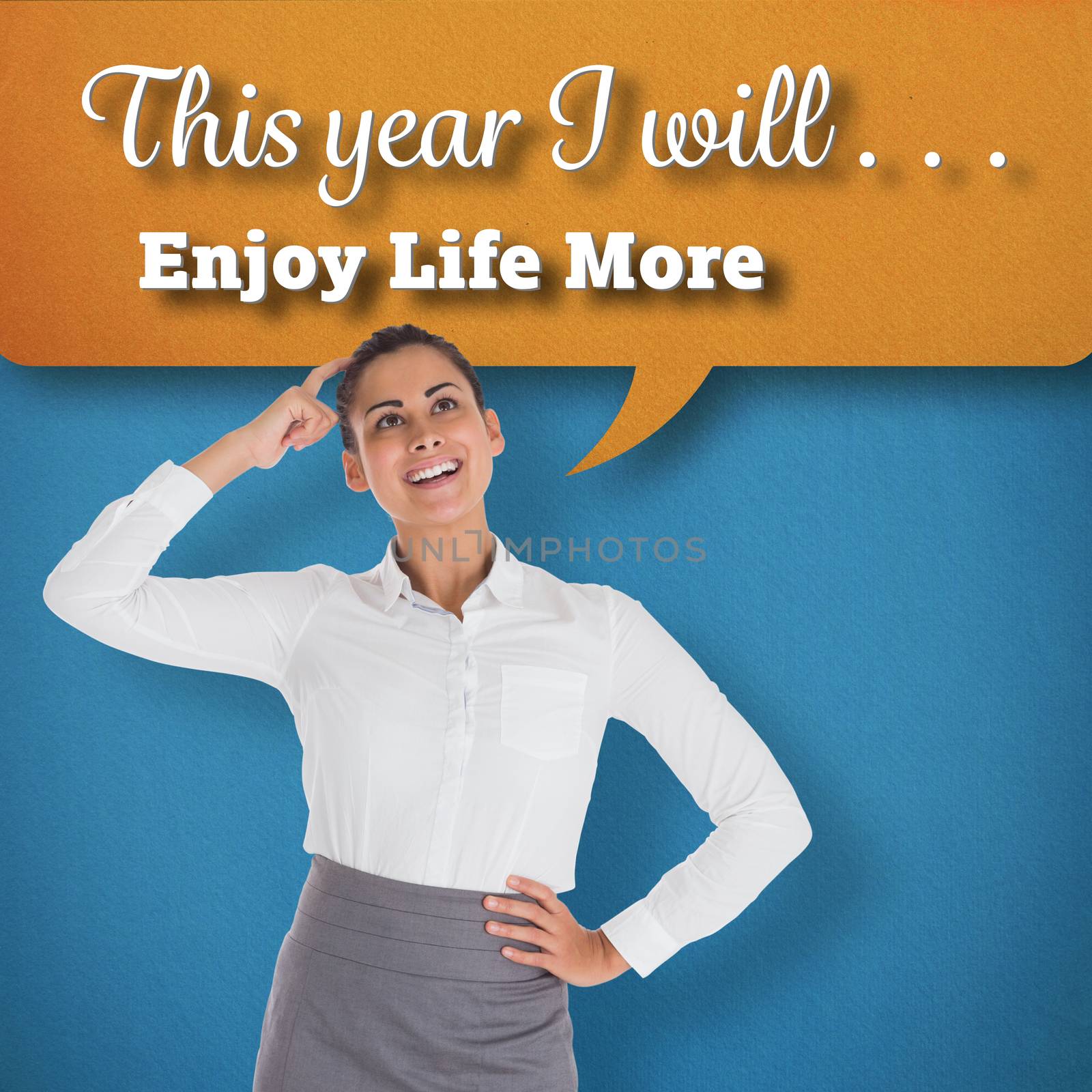 Smiling thoughtful businesswoman against blue background with vignette